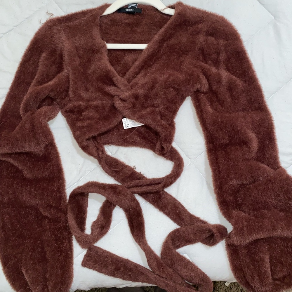 Fuzzy tie around long sleeve